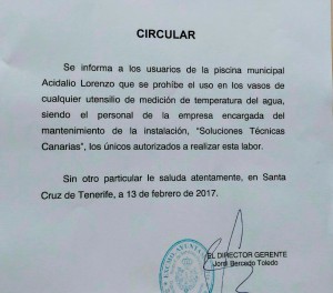 circular prohibición mediciones en piscina Acidalio Lorenzo